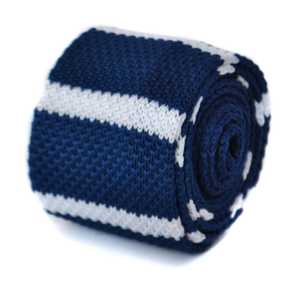Navy Blue and White Striped Skinny Knitted Tie