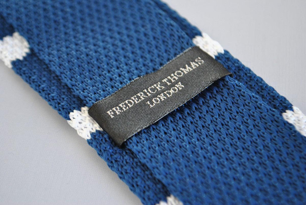 Navy Blue and White Striped Skinny Knitted Tie