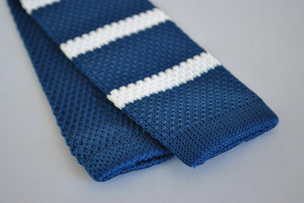 Navy Blue and White Striped Skinny Knitted Tie