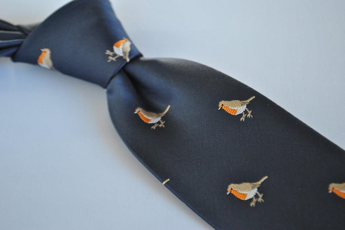 Navy Tie with Embroidered Robin Design