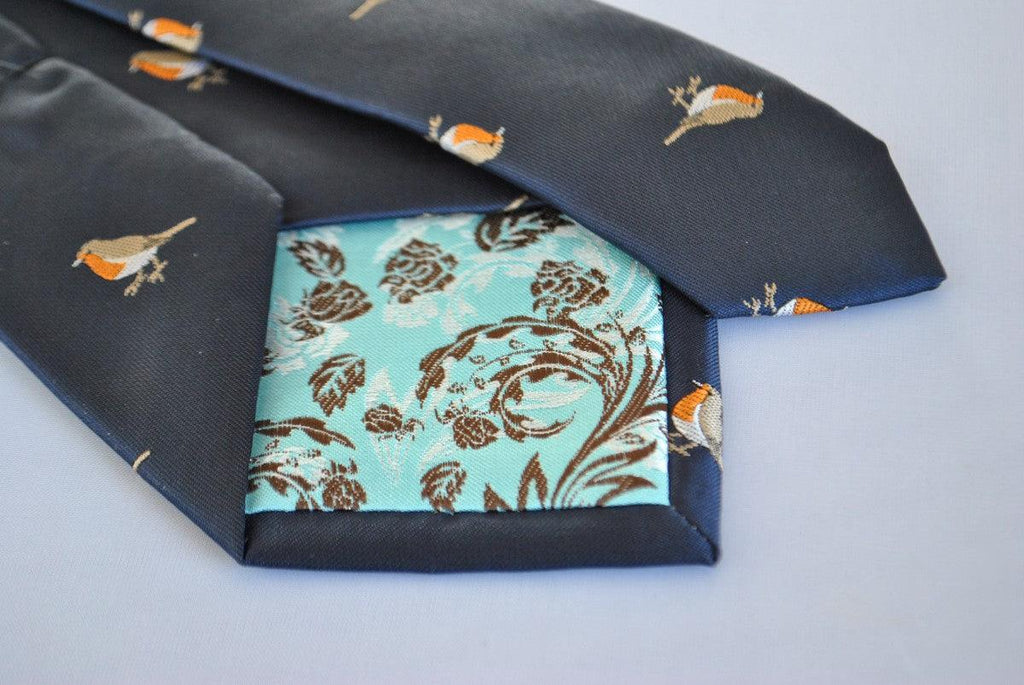 Navy Tie with Embroidered Robin Design