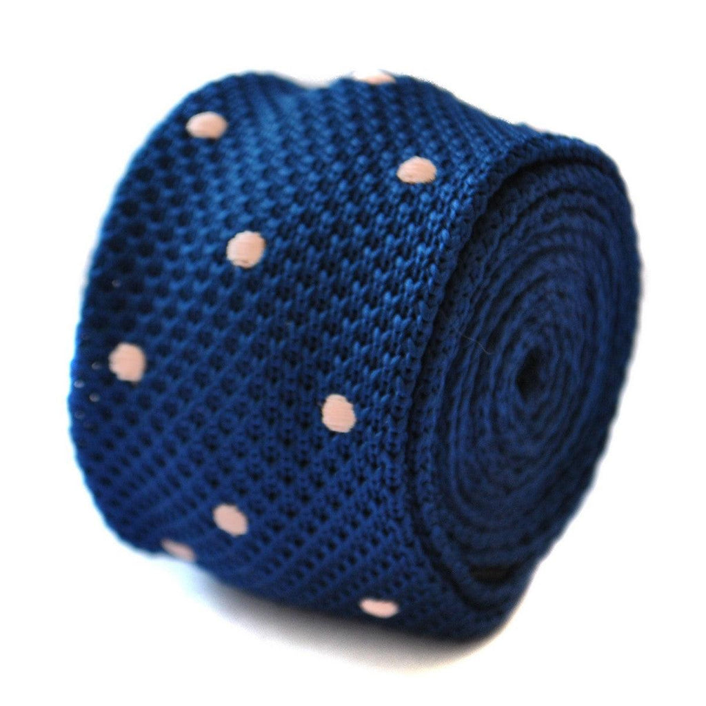 Navy Blue Skinny Knitted Tie with Powder Pink Polka Dots