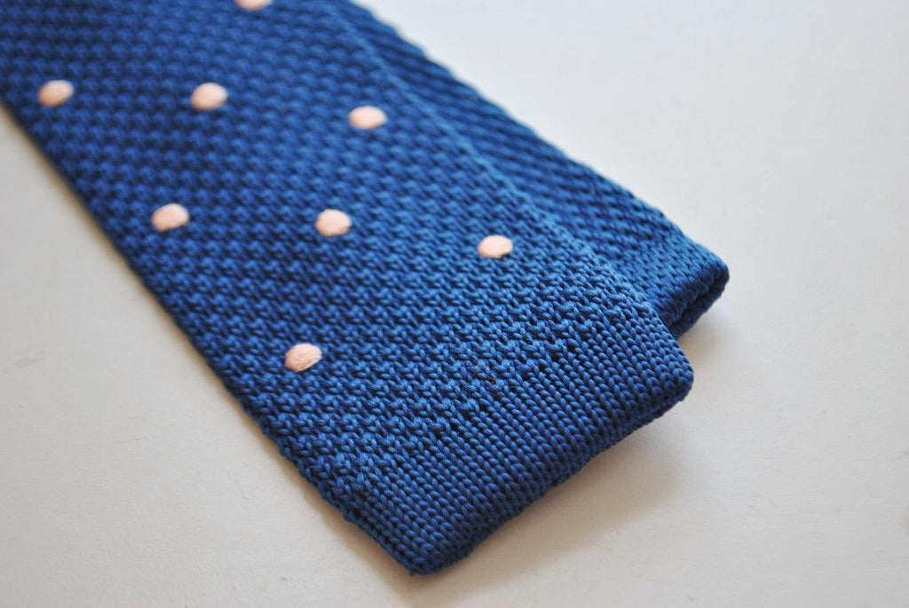 Navy Blue Skinny Knitted Tie with Powder Pink Polka Dots