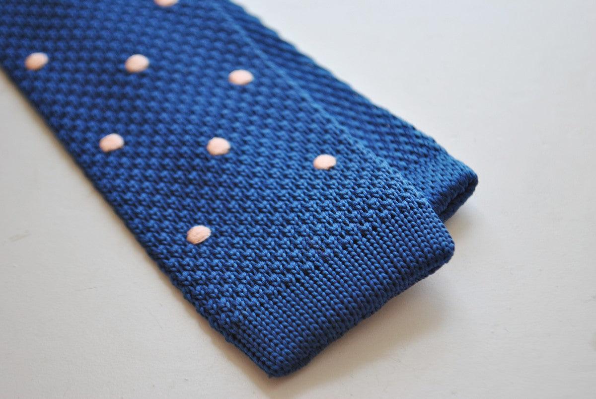 Navy Blue Skinny Knitted Tie with Powder Pink Polka Dots