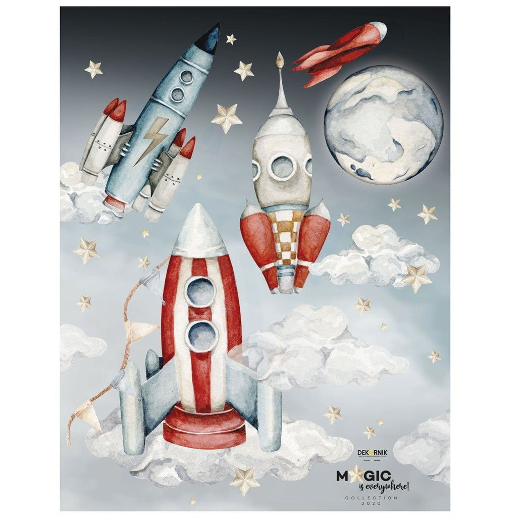 elegant watercolor rocket and planet wall stickers arranged in a sophisticated celestial scene for a refined nursery
