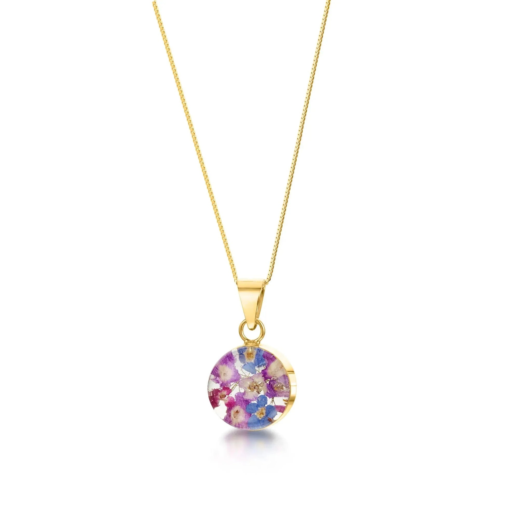 Purple Haze Round Pendant Necklace with Real Flowers in Sterling Silver