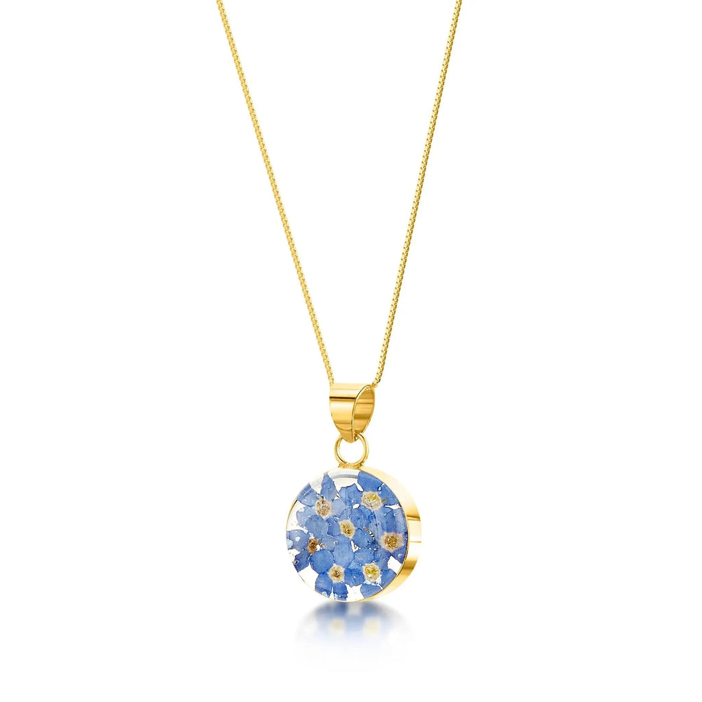 Sterling Silver Round Pendant Necklace with Real Forget-me-not Flowers