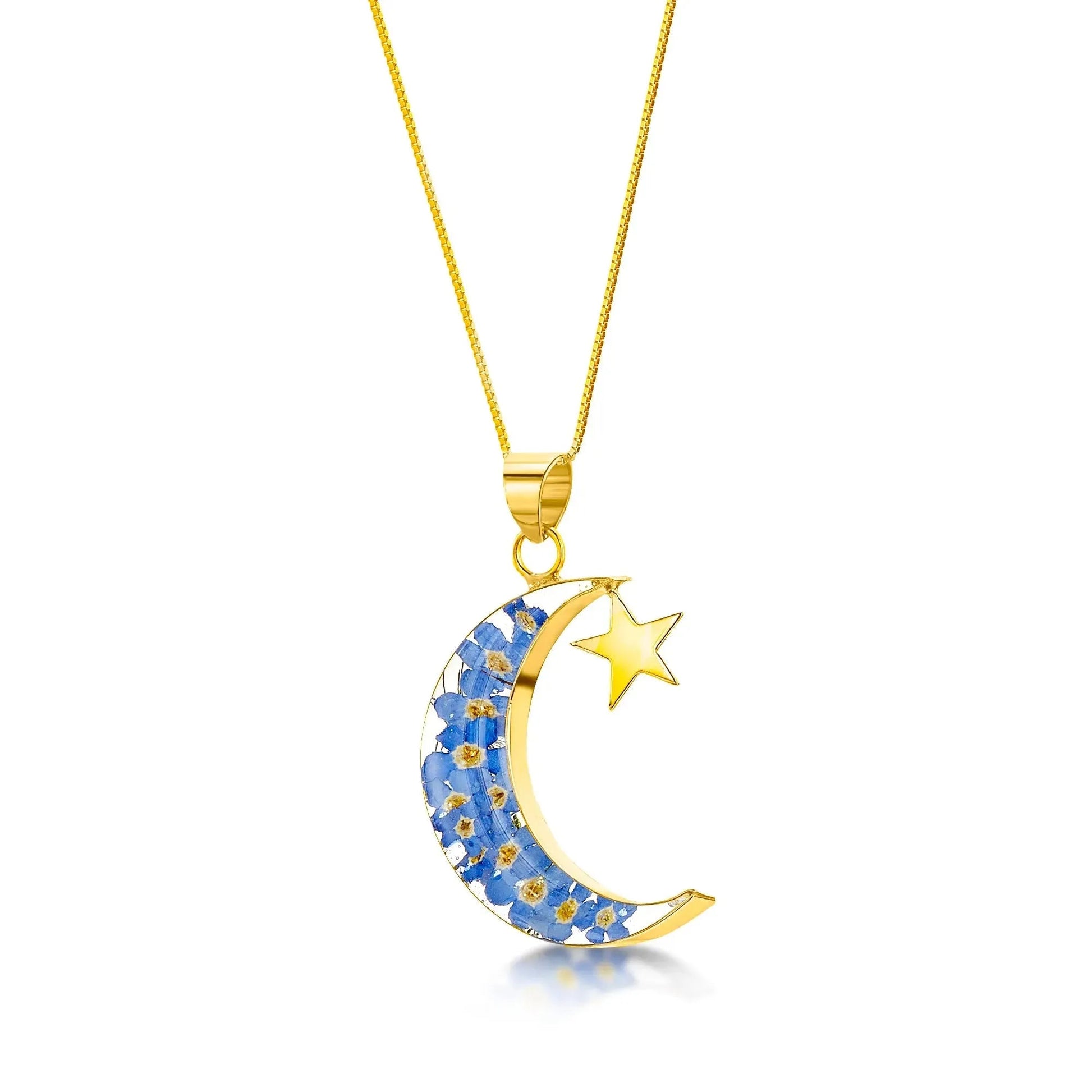 Moon and Star Necklace with Real Forget-Me-Nots in Sterling Silver