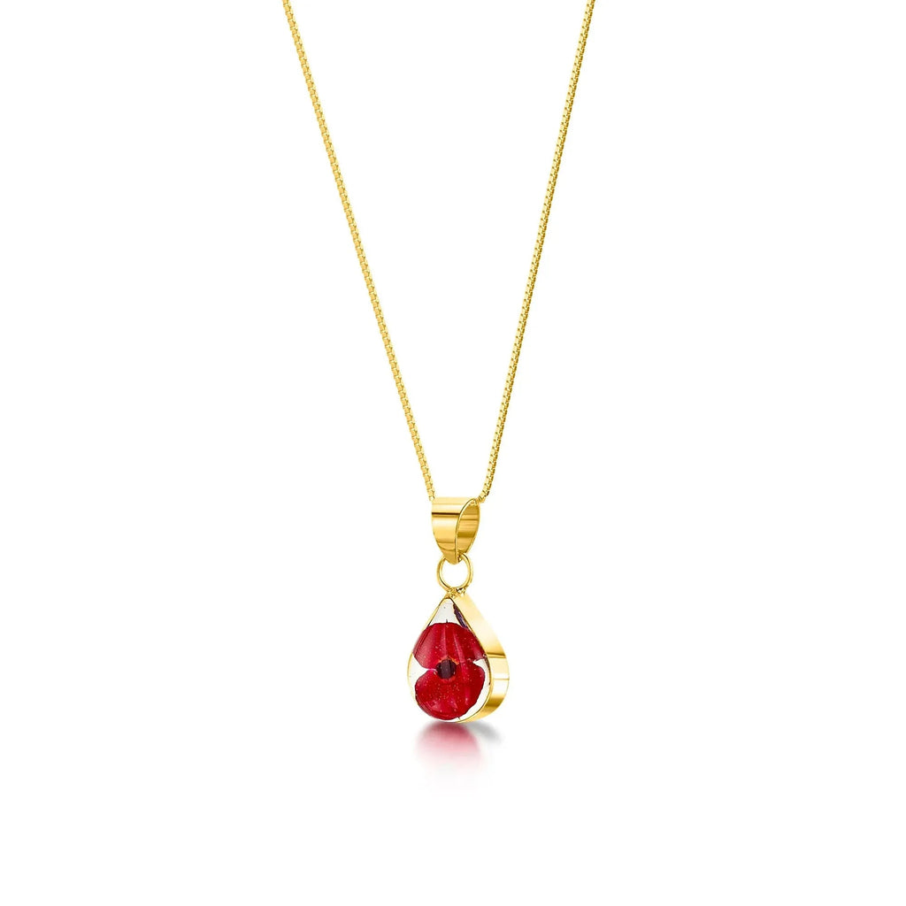 Real Poppy Flower Sterling Silver Teardrop Necklace