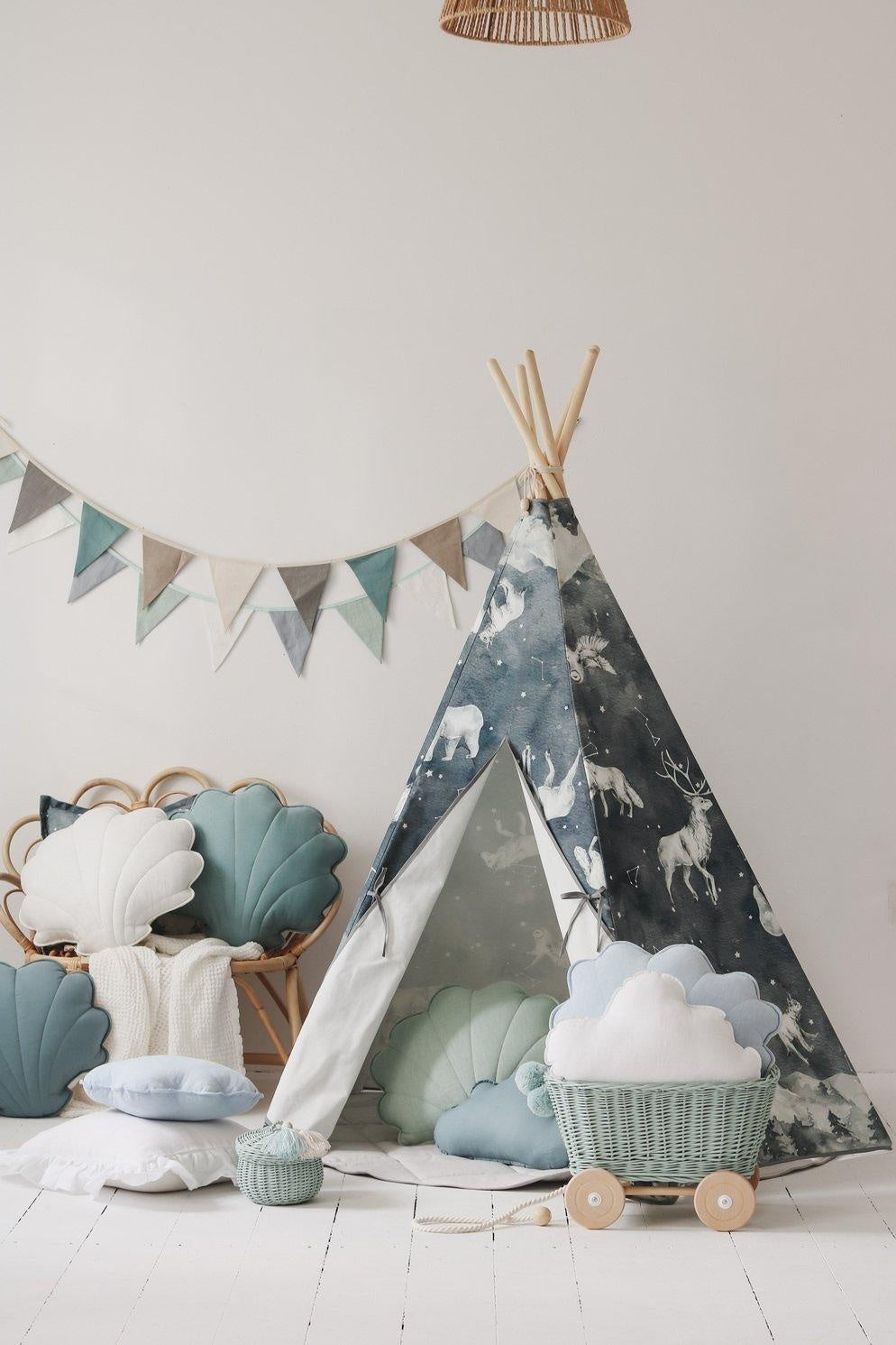 playful mint love garland with nine pennants casting soft shadows on a nursery wall
