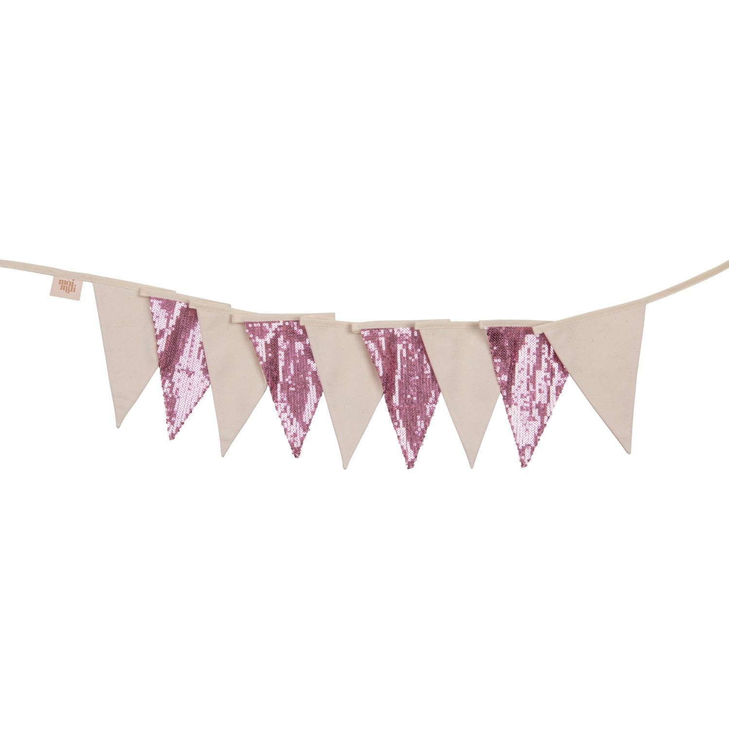 soft pink and beige sequin garland draped gently over a wooden crib in a cozy nursery