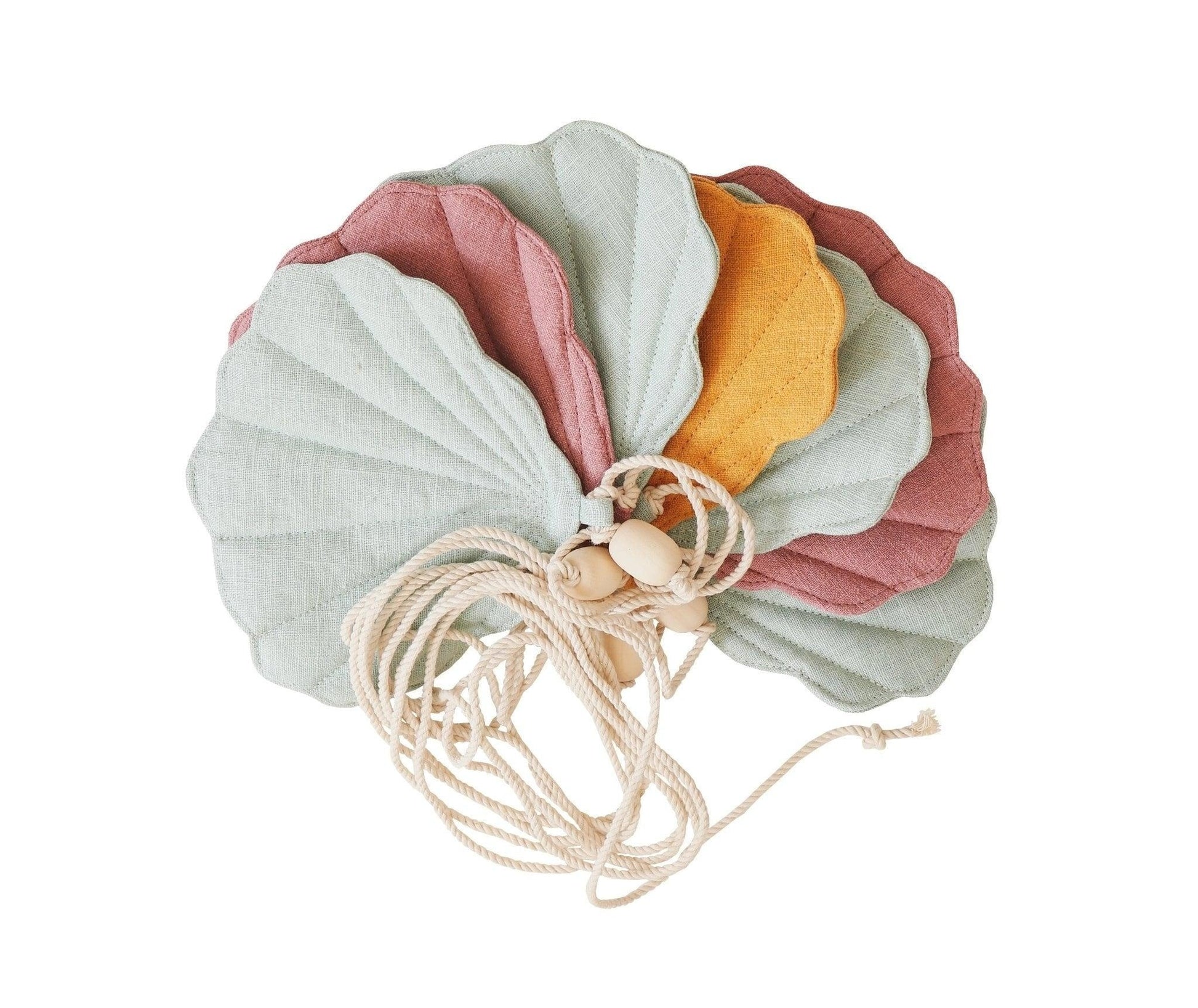 bold statement of a handcrafted summerwind shell garland in mint pink and mango