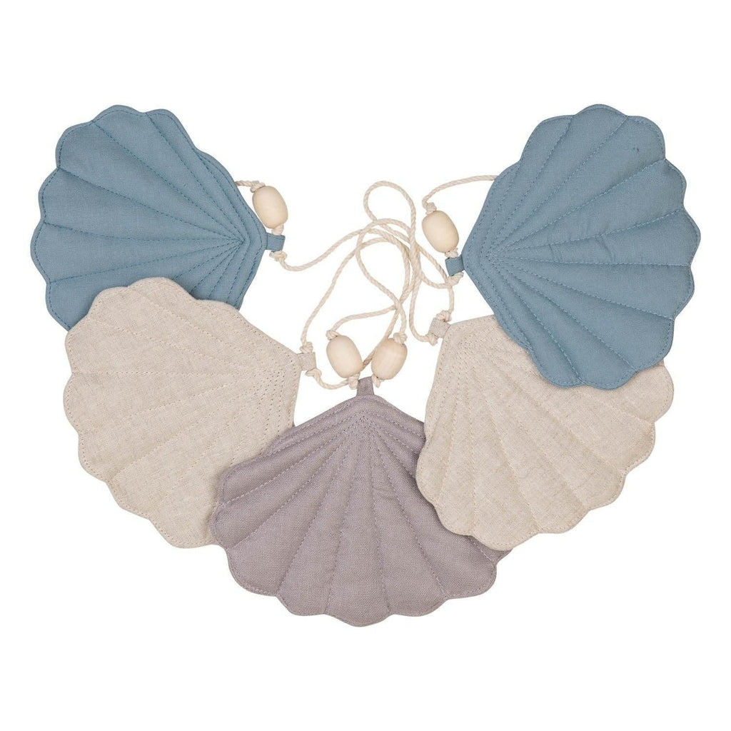 bold statement of a dusty blue shell garland with five handcrafted linen shells on a 3-meter cotton string