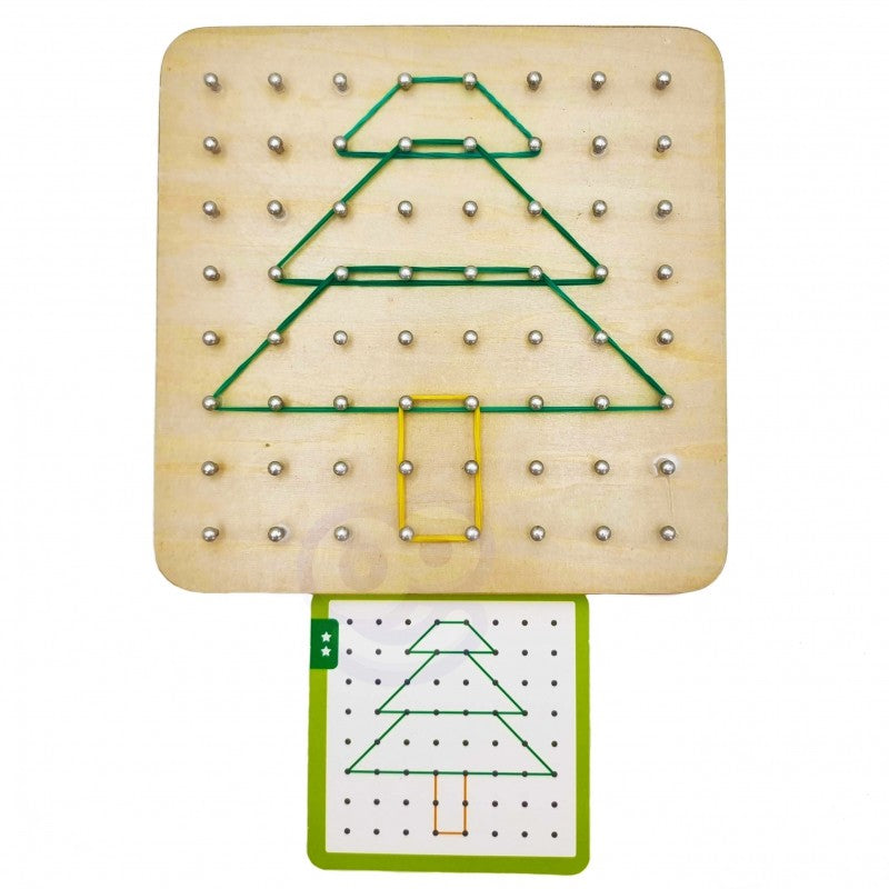 elegant green geoplan puzzle with geometric shapes created by vibrant rubber bands on a wooden board