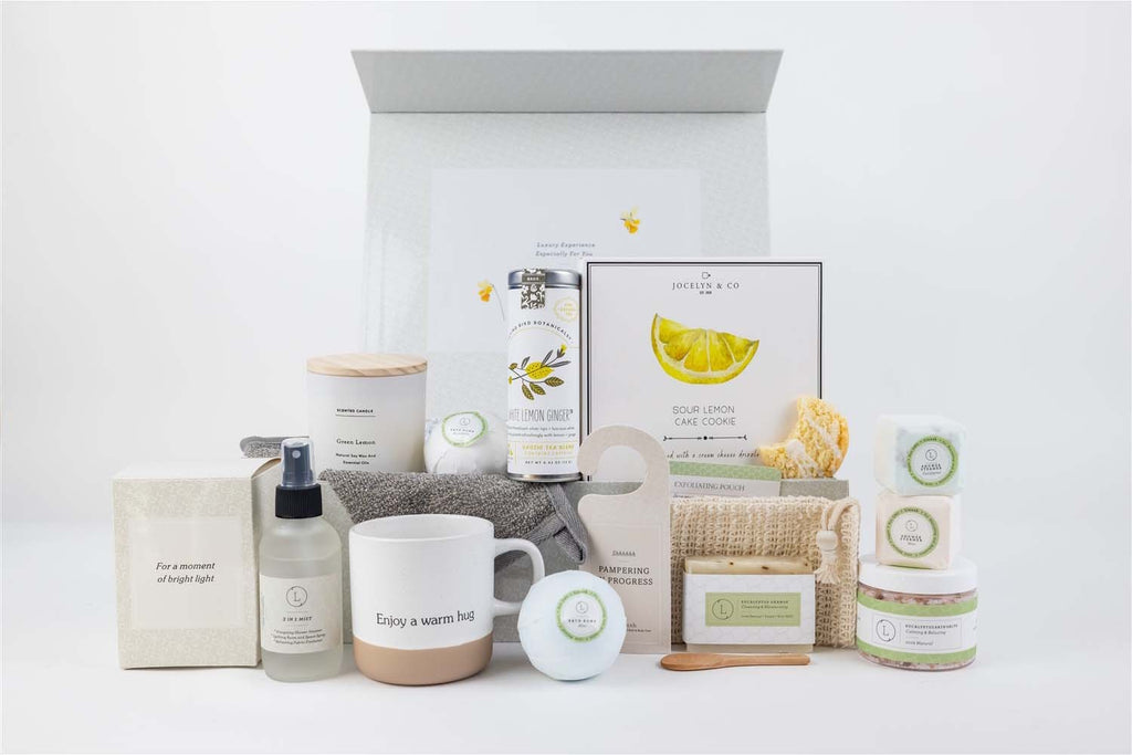 bold presentation of an artisan get well gift set with 14 natural comfort items