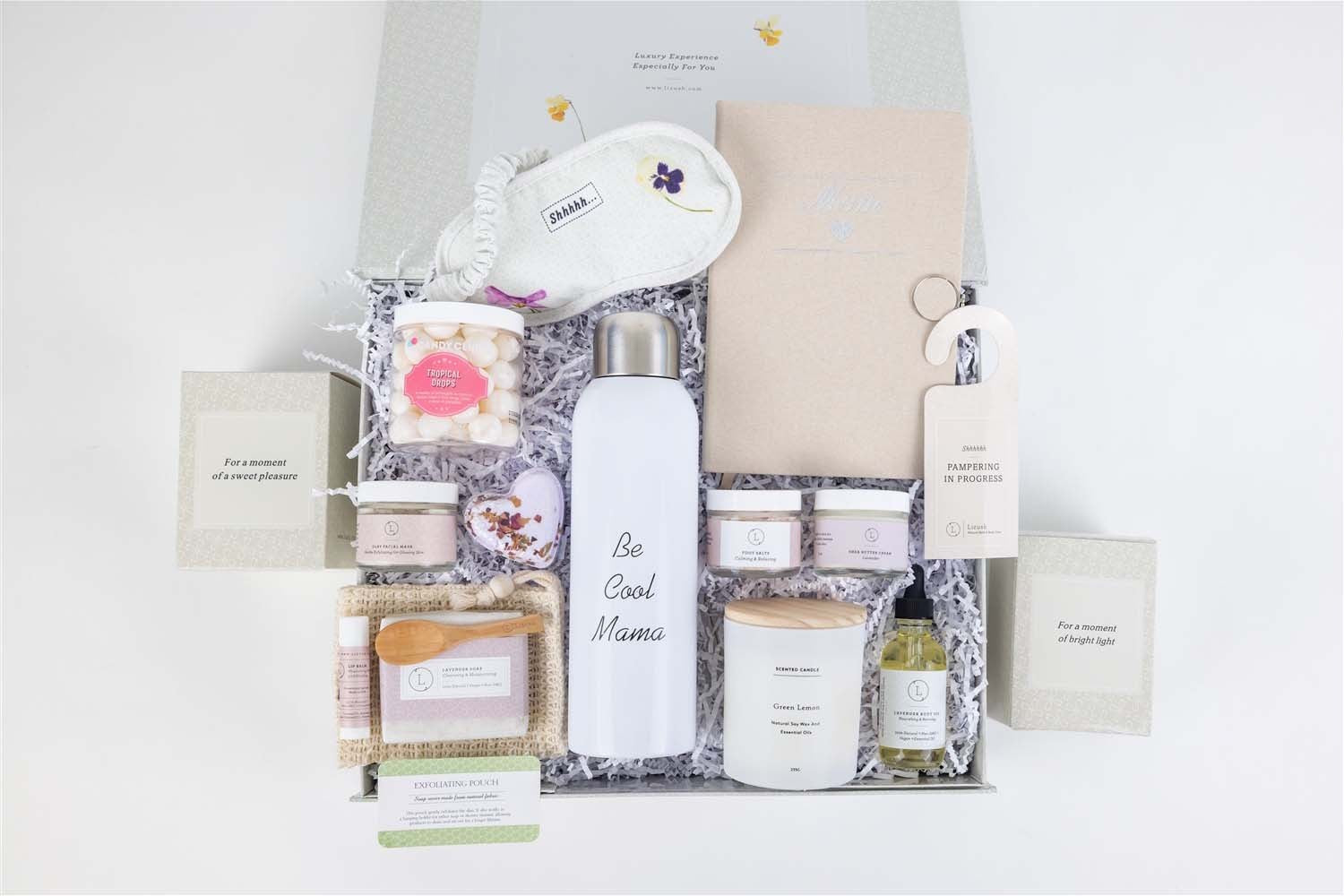 elegant arrangement of a lavender gift set with a heart-shaped shower steamer and journal