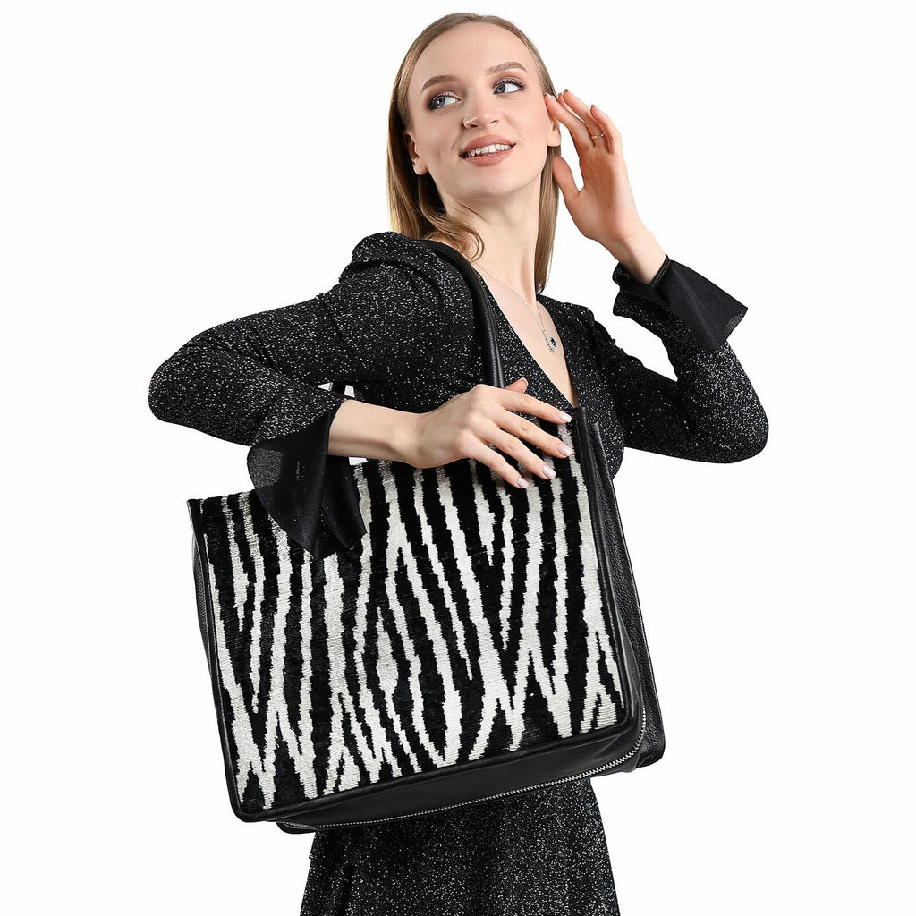 Luxurious Gillian Zebra Tote – Silk & Leather, Spacious & Stylish by Jkel at www.brixbailey.com