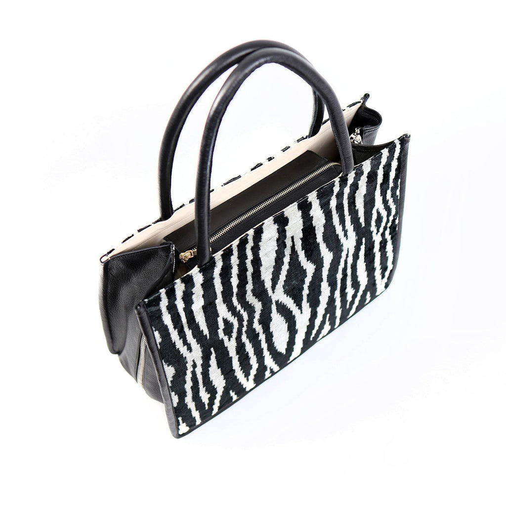Luxurious Zebra Pattern Silk-Leather Tote – Spacious & Handmade by Jkel at www.brixbailey.com