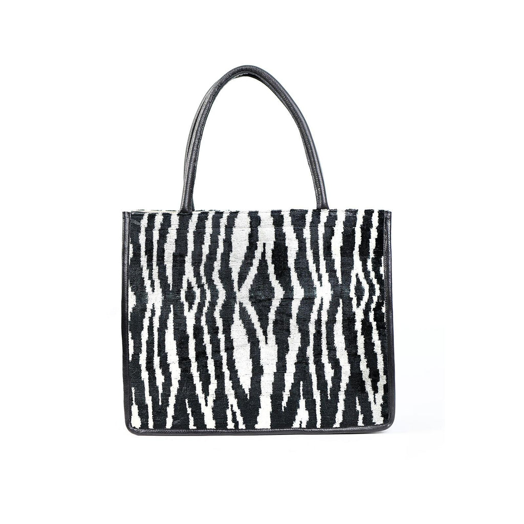 Luxurious Zebra Pattern Silk & Leather Tote Bag – Spacious & Chic by Jkel at www.brixbailey.com