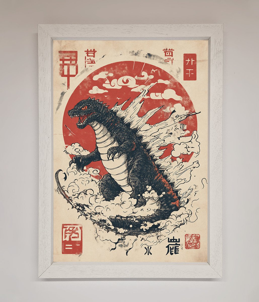 Godzilla Rises Red Sun Framed Poster