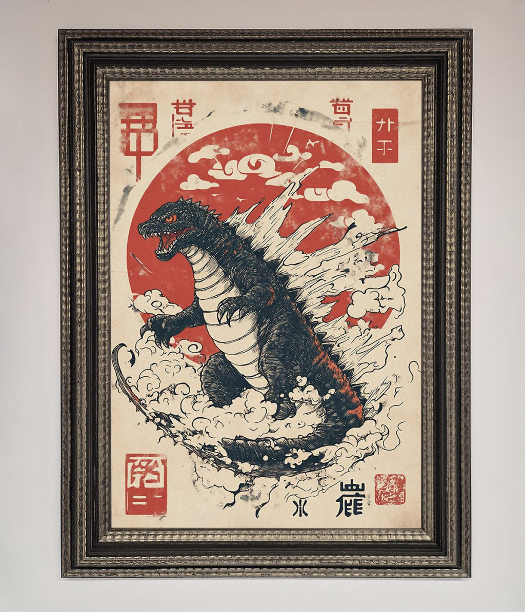 Godzilla Rises Red Sun Framed Poster