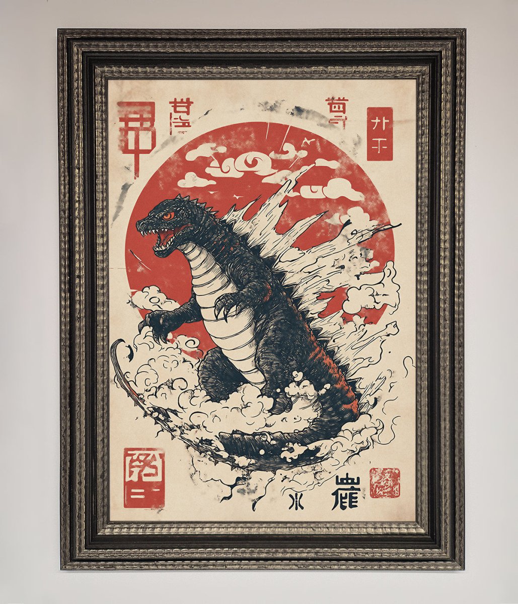 Godzilla Rises Red Sun Framed Poster