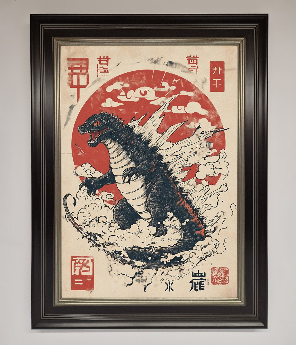 Godzilla Rises Red Sun Framed Poster