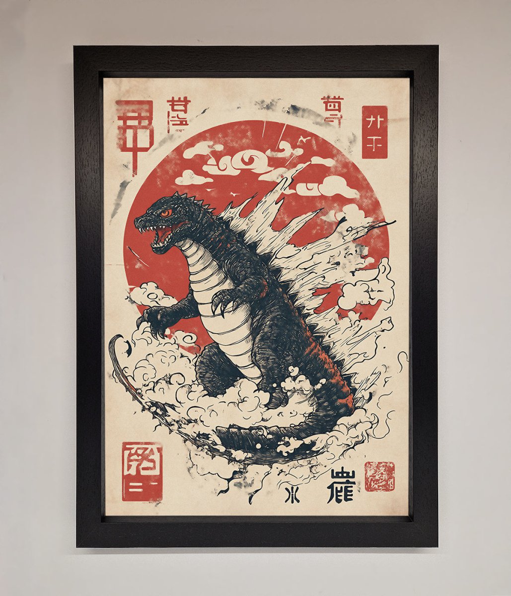 Godzilla Rises Red Sun Framed Poster