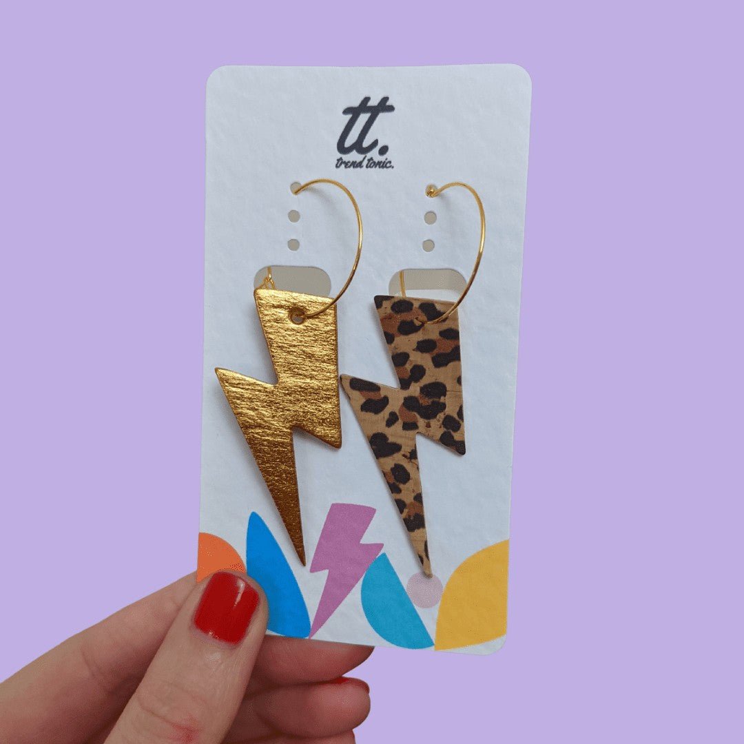 Gold and Cheetah Lightning Bolt Earrings