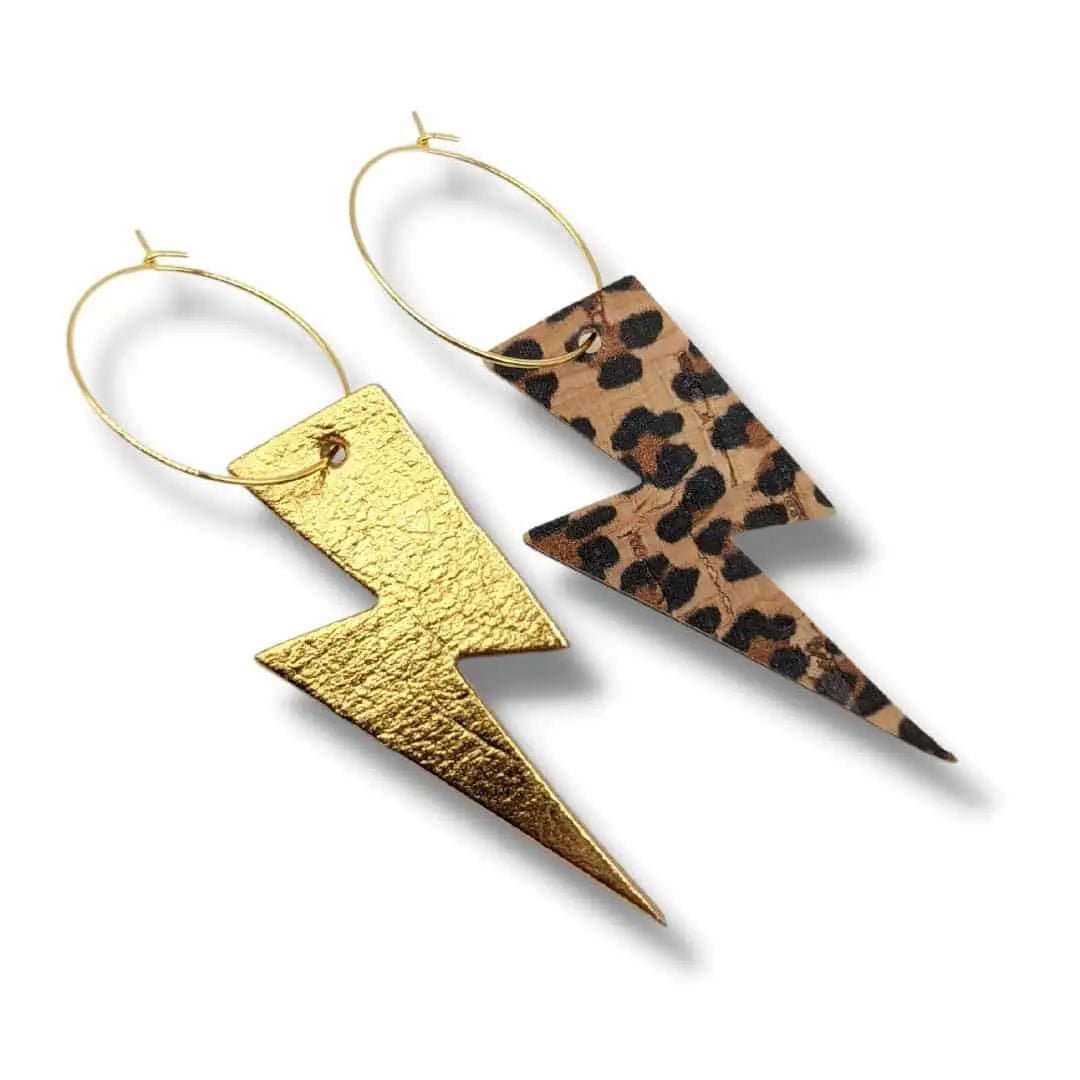 Gold and Cheetah Lightning Bolt Earrings