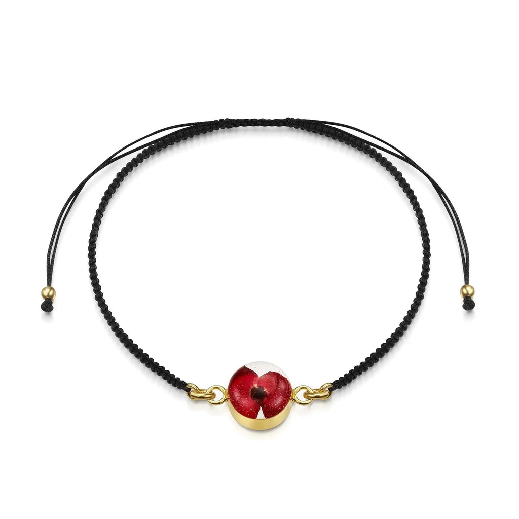 Gold Plated Black Woven Bracelet with Poppy Flower Charm