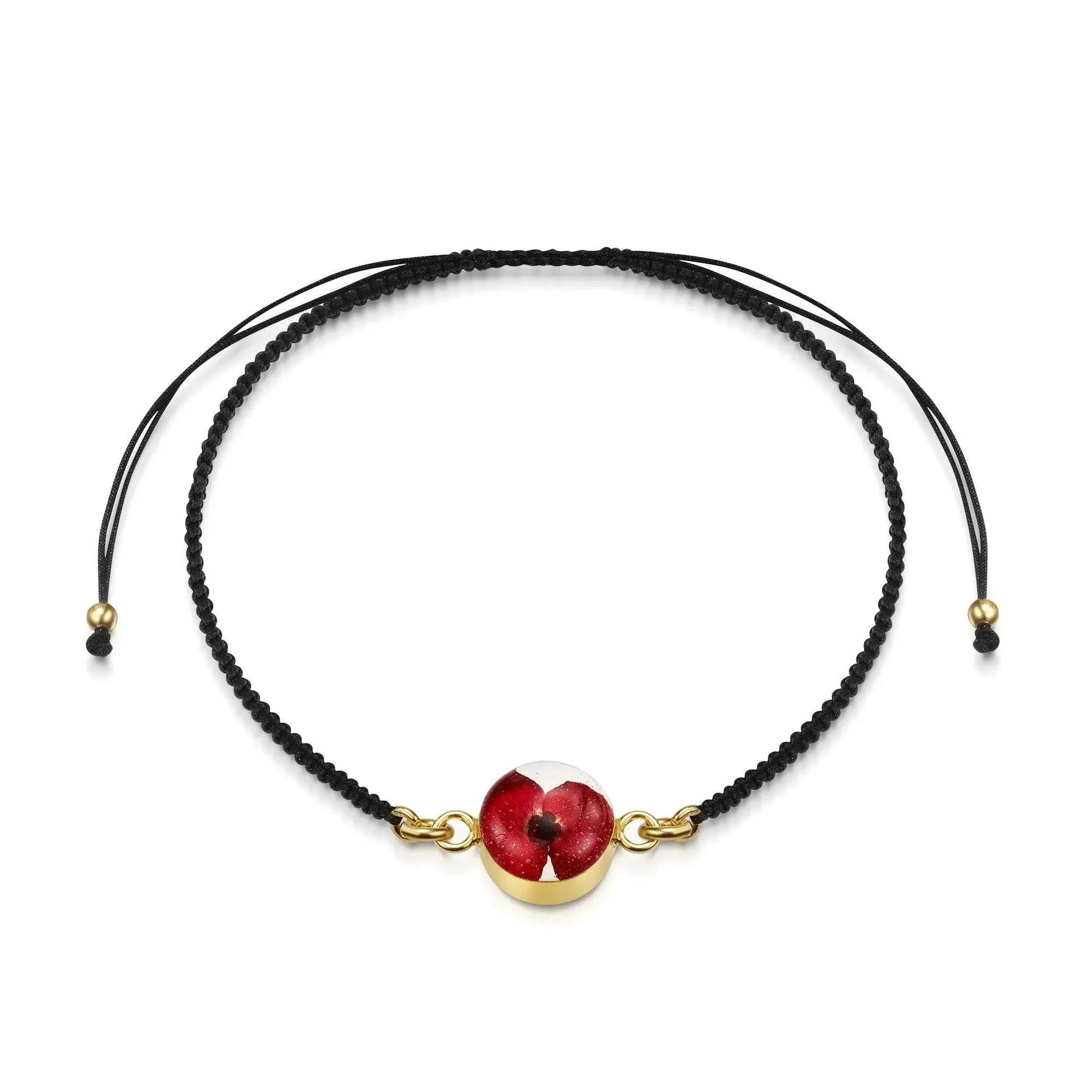 Gold Plated Black Woven Bracelet with Poppy Flower Charm