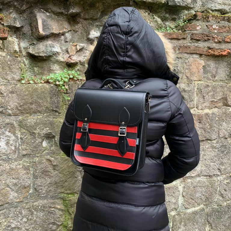 Handmade Leather City Backpack in Gothic Red and Black Stripes
