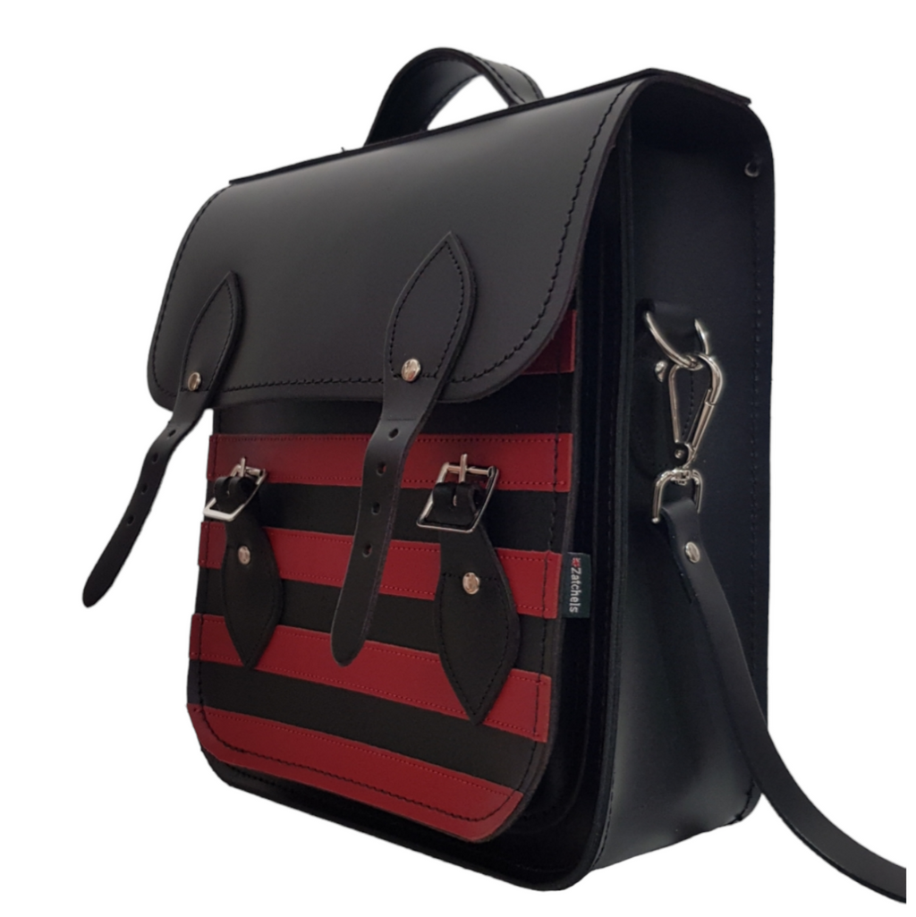 Handmade Leather City Backpack in Gothic Red and Black Stripes