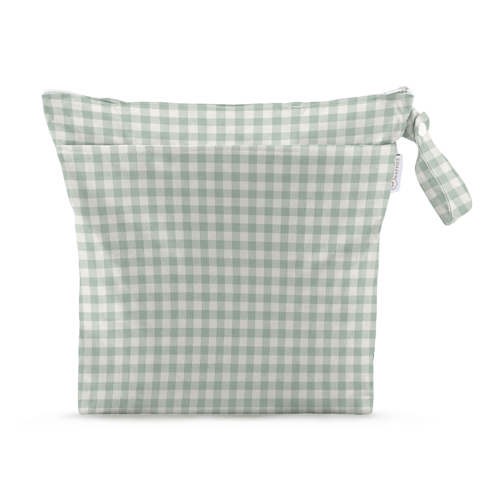Grab and Go Nappy Wet Bag with Handle in Sage Gingham