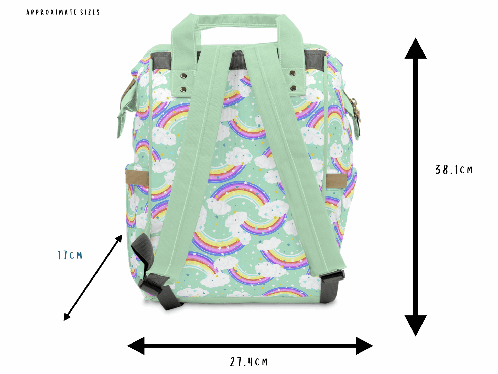 Green Baby Changing Backpack with Rainbow and Cloud Print