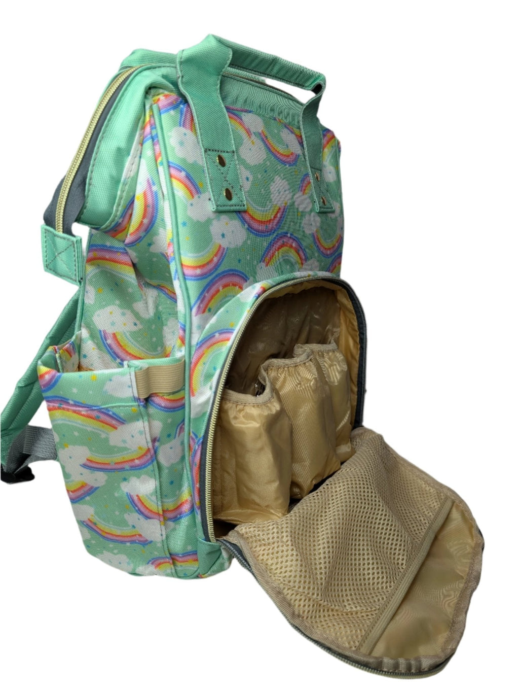 Green Baby Changing Backpack with Rainbow and Cloud Print