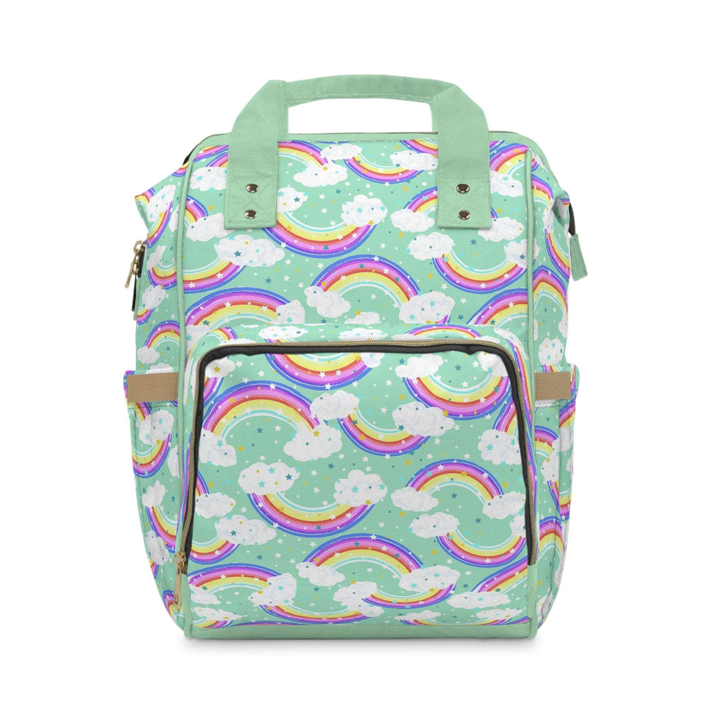 Green Baby Changing Backpack with Rainbow and Cloud Print