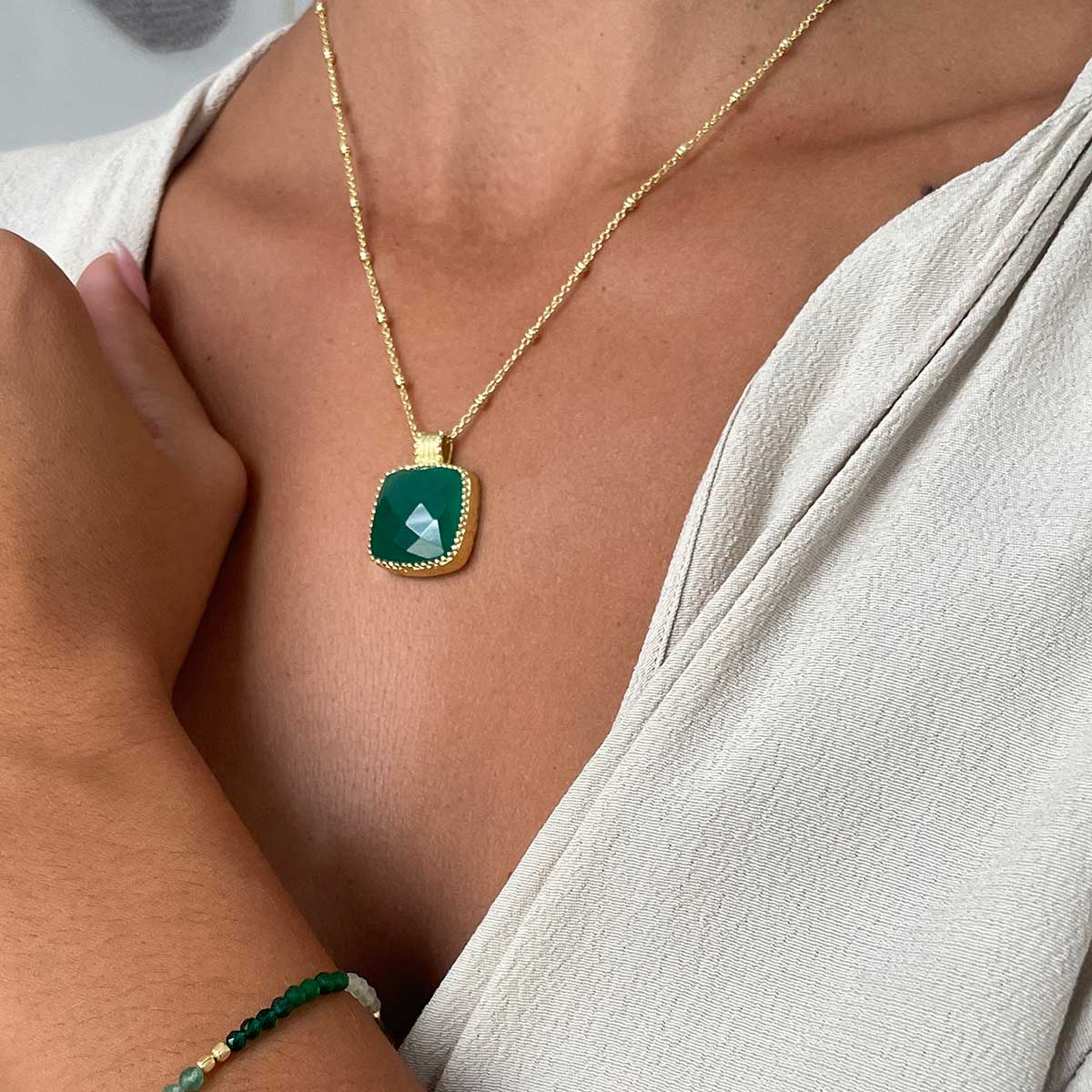 Large Square Green Onyx Pendant in Gold