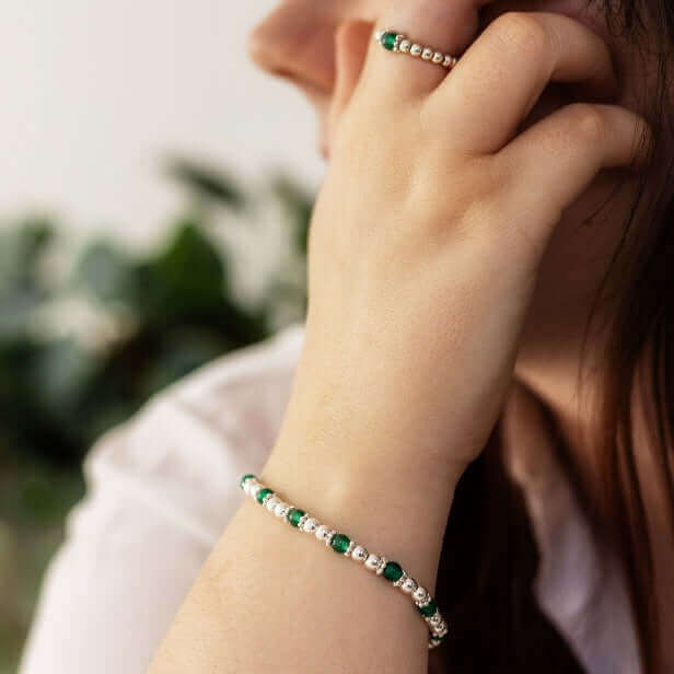 Green Gemstone Ring with Sterling Silver Beads