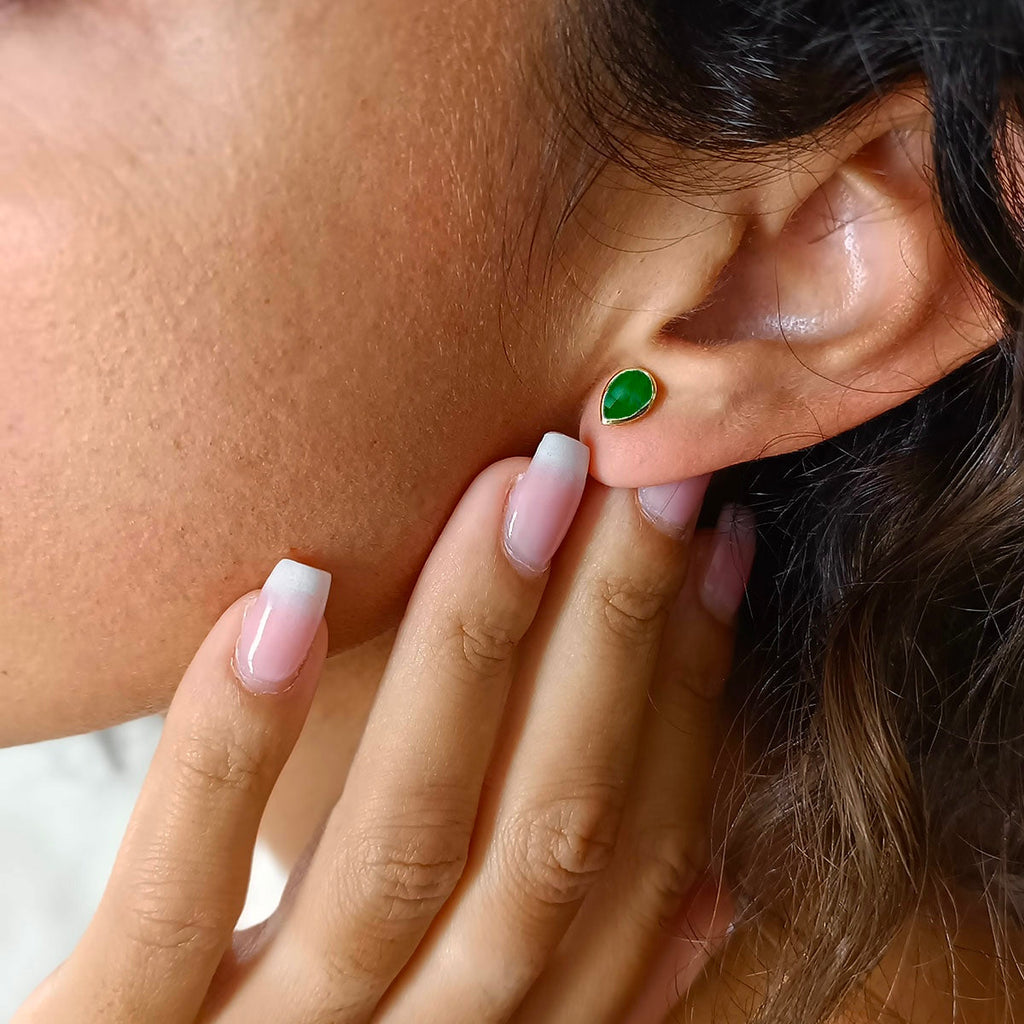 Green Onyx Gemstone Stud Earrings in Gold