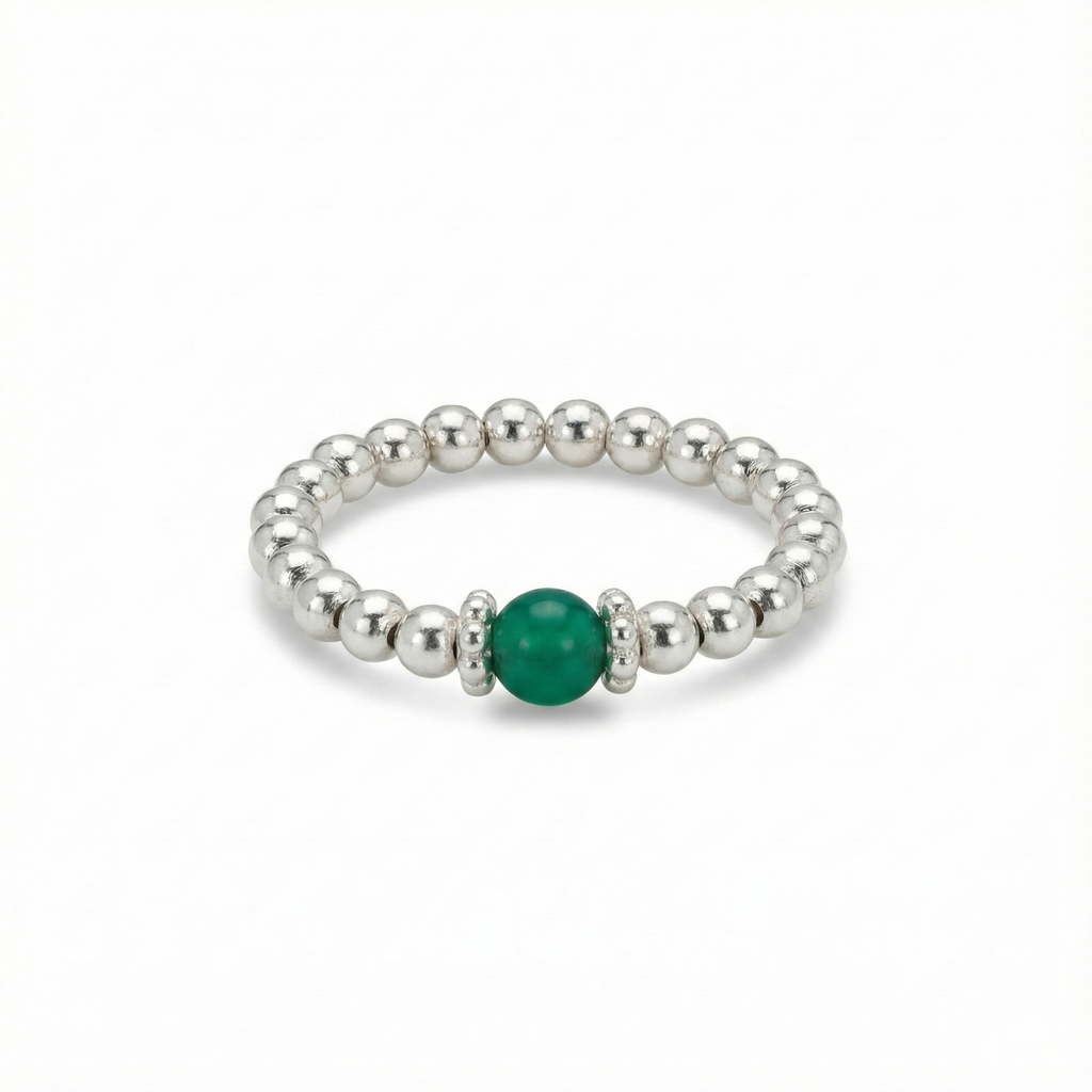 Green Gemstone Ring with Sterling Silver Beads