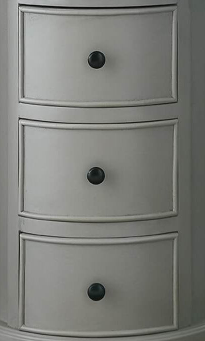 Modern grey round side table with three hidden drawers, solid wood construction, 45cm diameter by Sostter at brixbailey.com