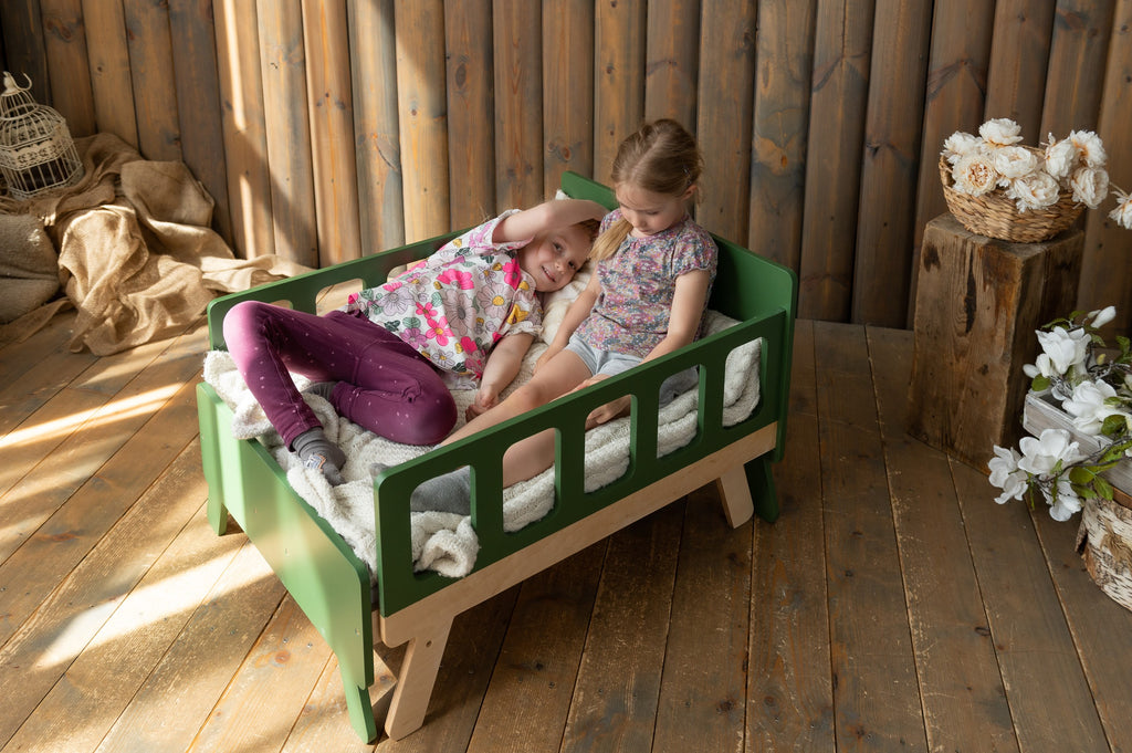 functional growing bed for kids in compact daytime sofa mode with cozy mattress