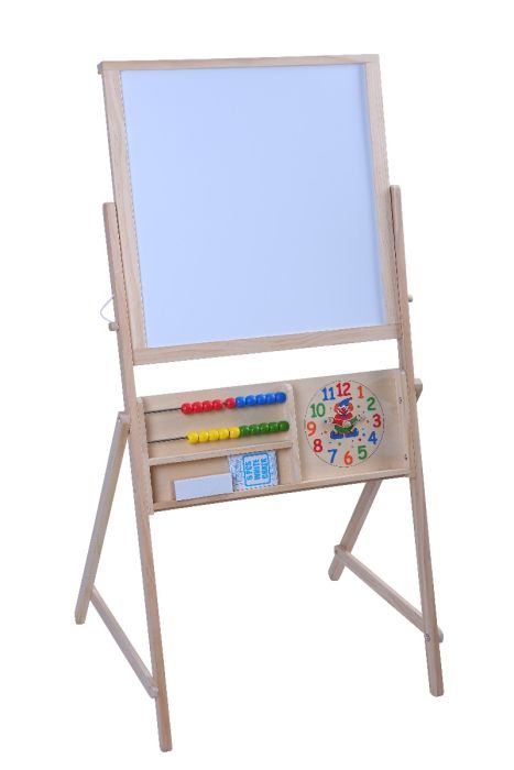 soft-lit double-sided kids chalkboard with chalk and eraser on a cozy playroom rug