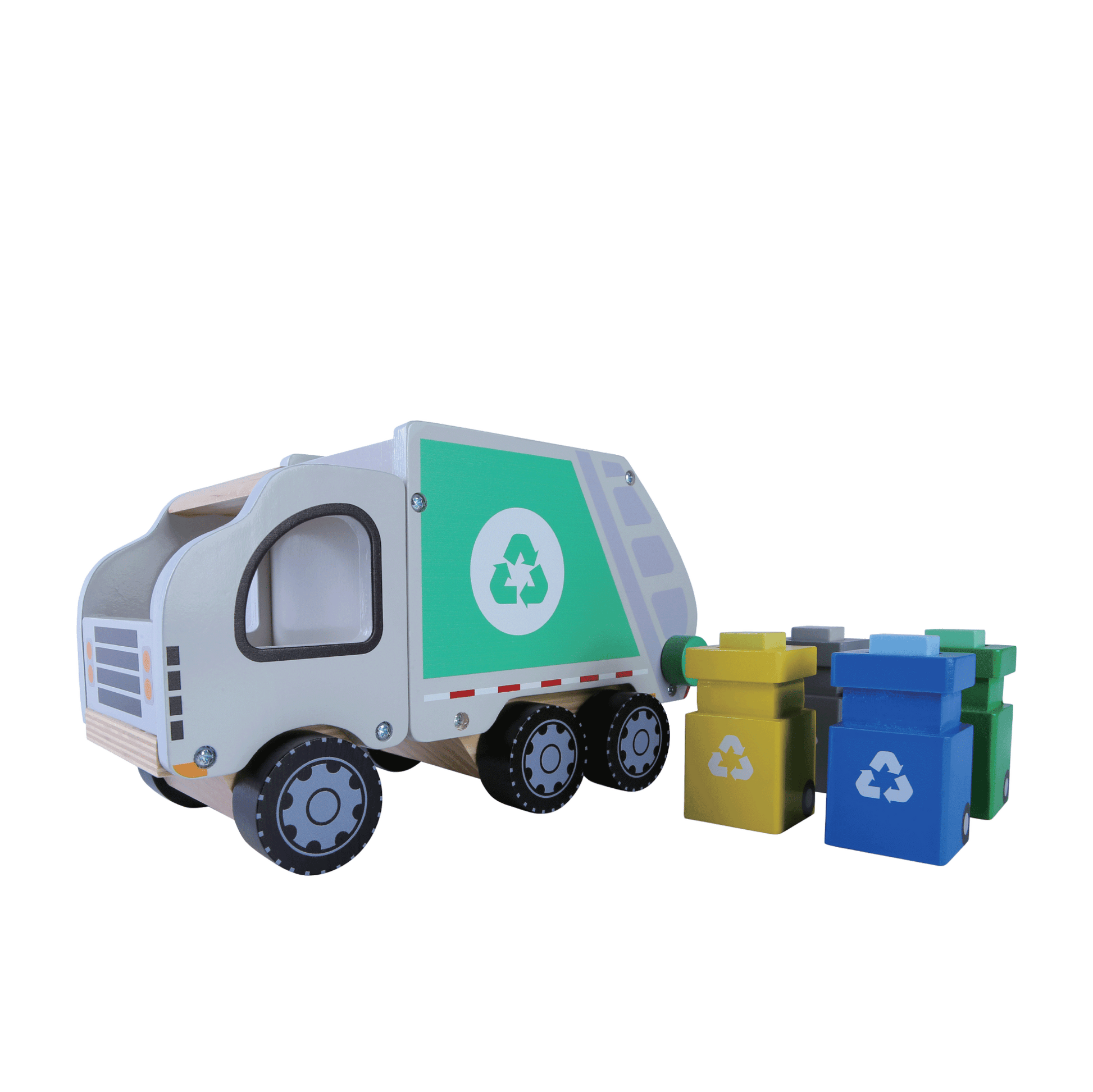 confident shot of a wooden garbage truck with four color-coded waste bins for eco-learning