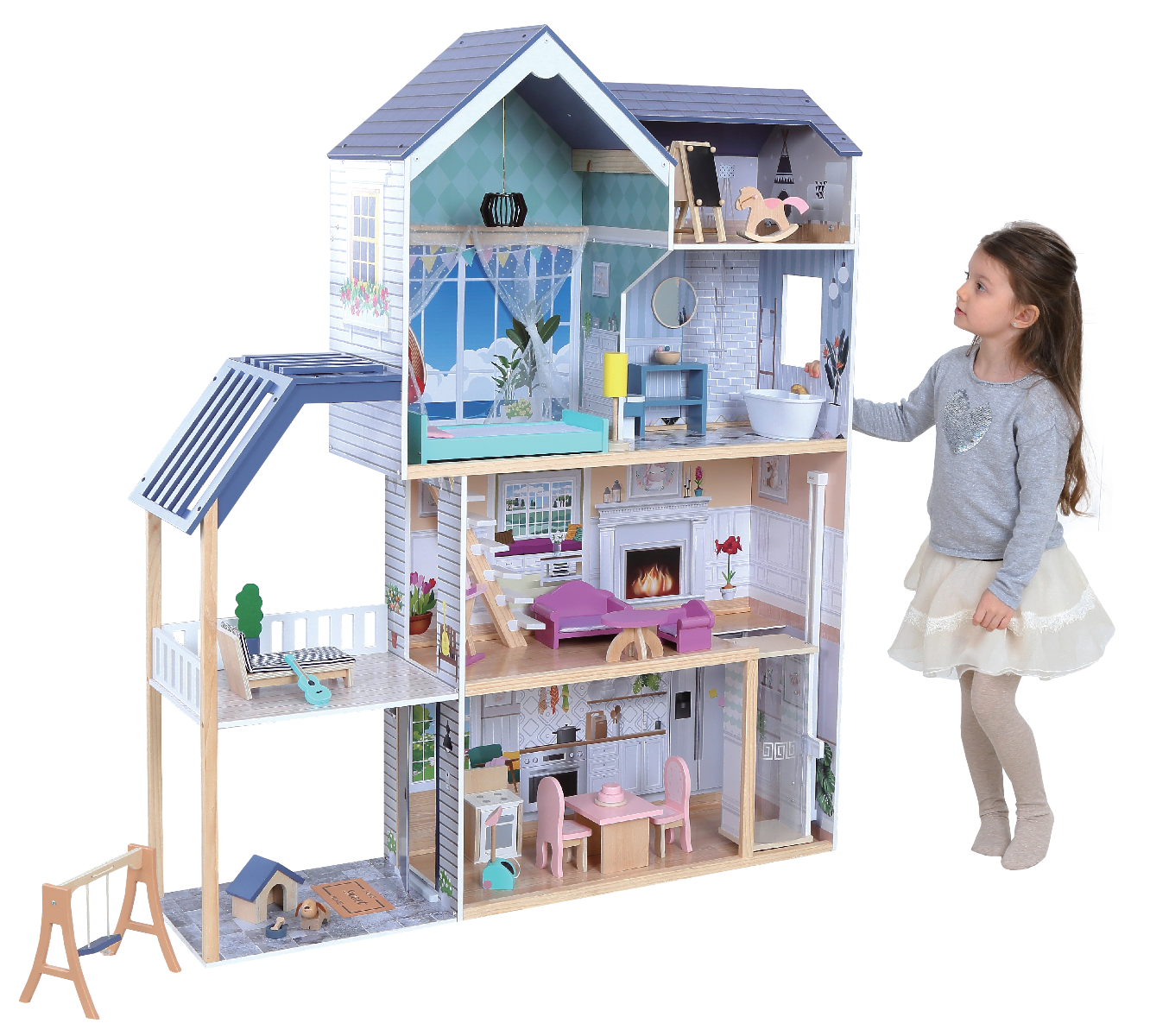 bold front view of the crystal wooden dollhouse with glowing led lights illuminating four detailed floors