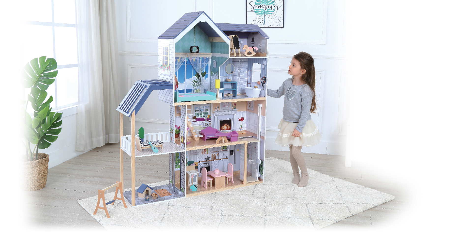 elegant crystal wooden dollhouse with glowing led lights illuminating the detailed four-story interior