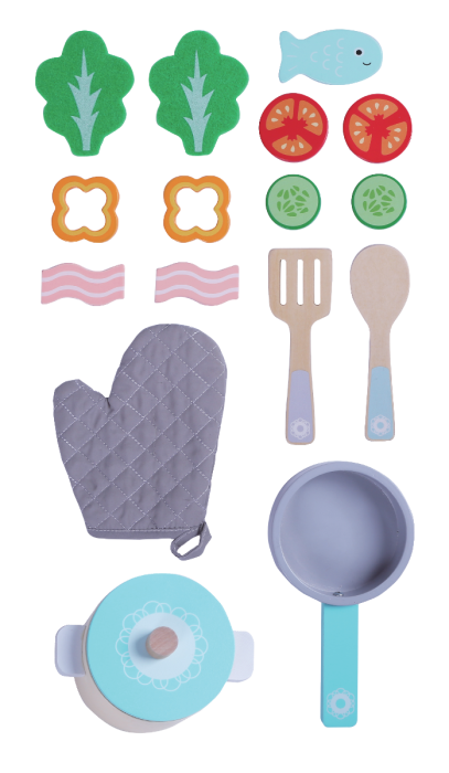 confident display of a 16-piece wooden cooking set with vibrant food on a dark slate background