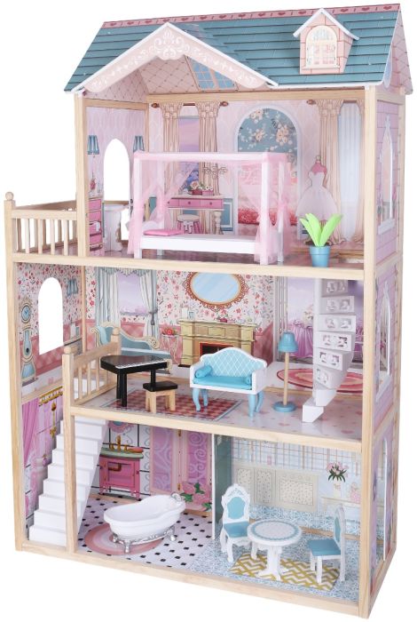 elegant wooden dollhouse with warm led lights illuminating the furnished third-floor balcony